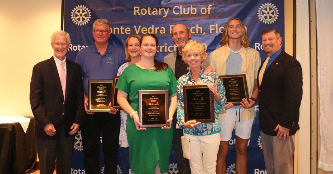 Five members of the community were recognized by the Rotary Club of Ponte Vedra Beach and The Recorder for their exemplary service to the local community. Scott Hetzinger, Lyn Gabrielson, Lori Richards, Cody Langley and Bill and JoAnn Lee were each honored and received plaques.